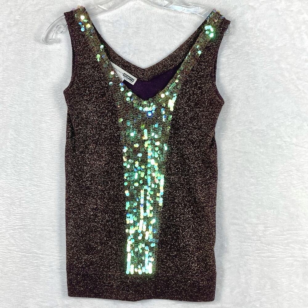 VTG Metallic Sequin Top Women M Purple Knit Tank Rave Festival Mermaid Fairy Y2K